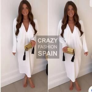 Zara White LONG RUCHED DRESS Size Medium